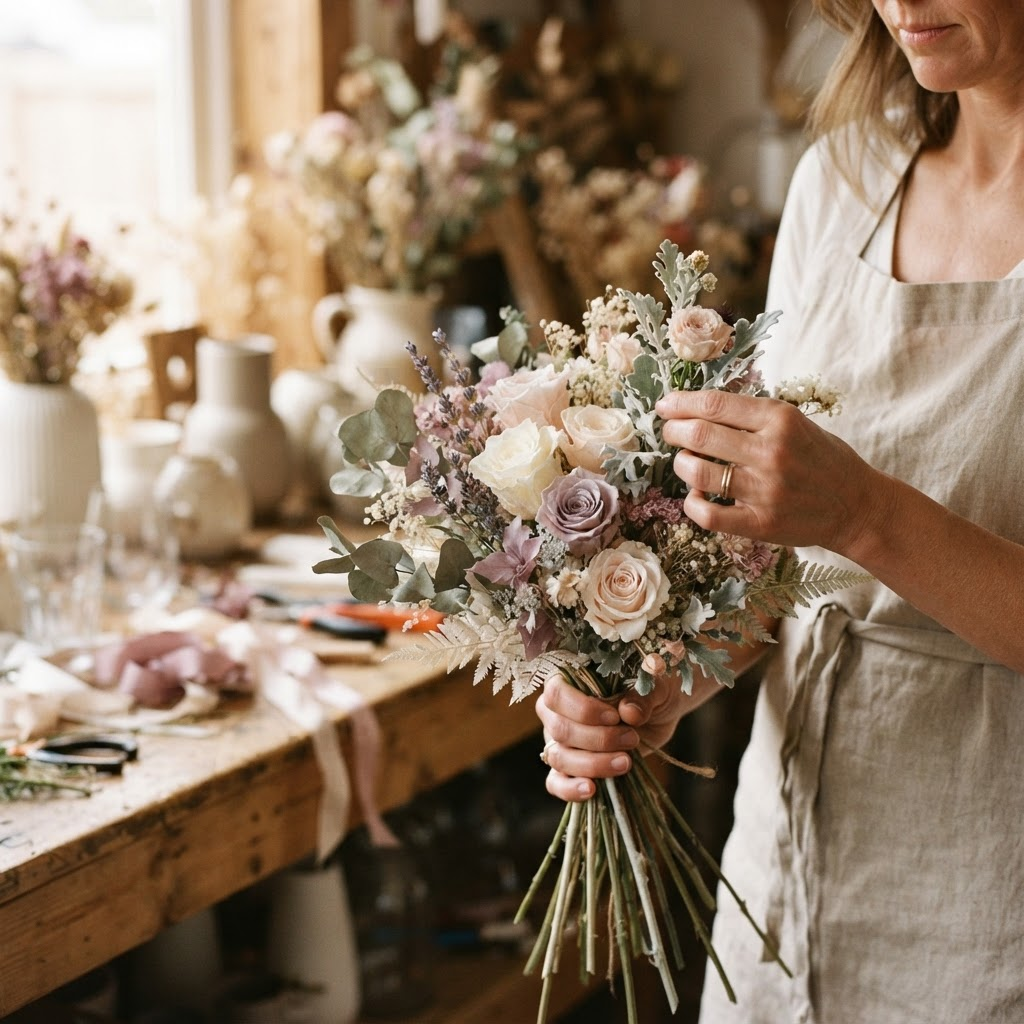 Artisan hands carefully arranging preserved pastel flowers in a workshop